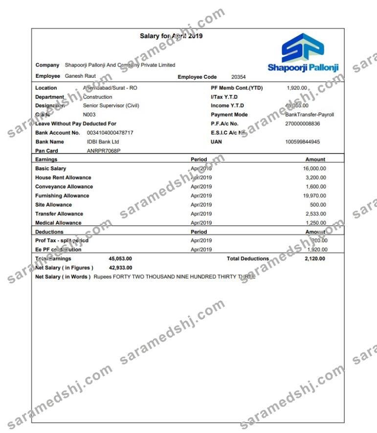 Shapoorji Pallonji employee pay stub in PDF and Word formats